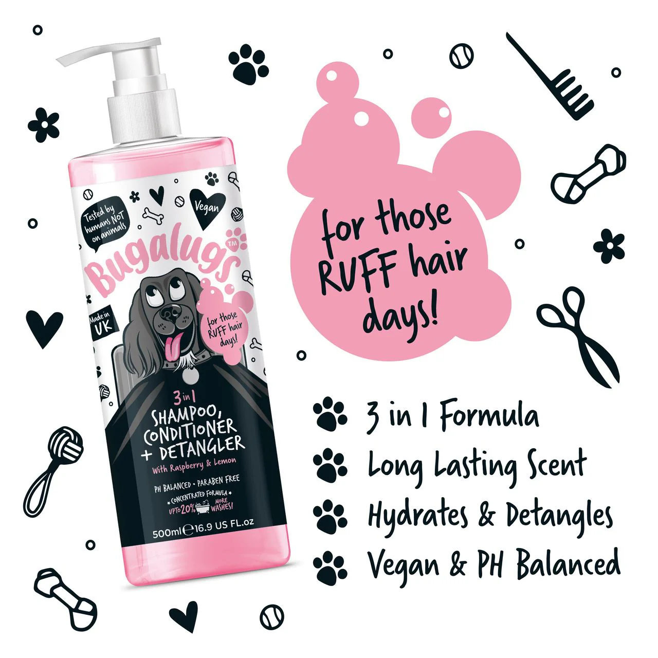 Bugalugs 3-in-1 Raspberry & Lemon Dog Shampoo Conditioner & Detangler - Image 3