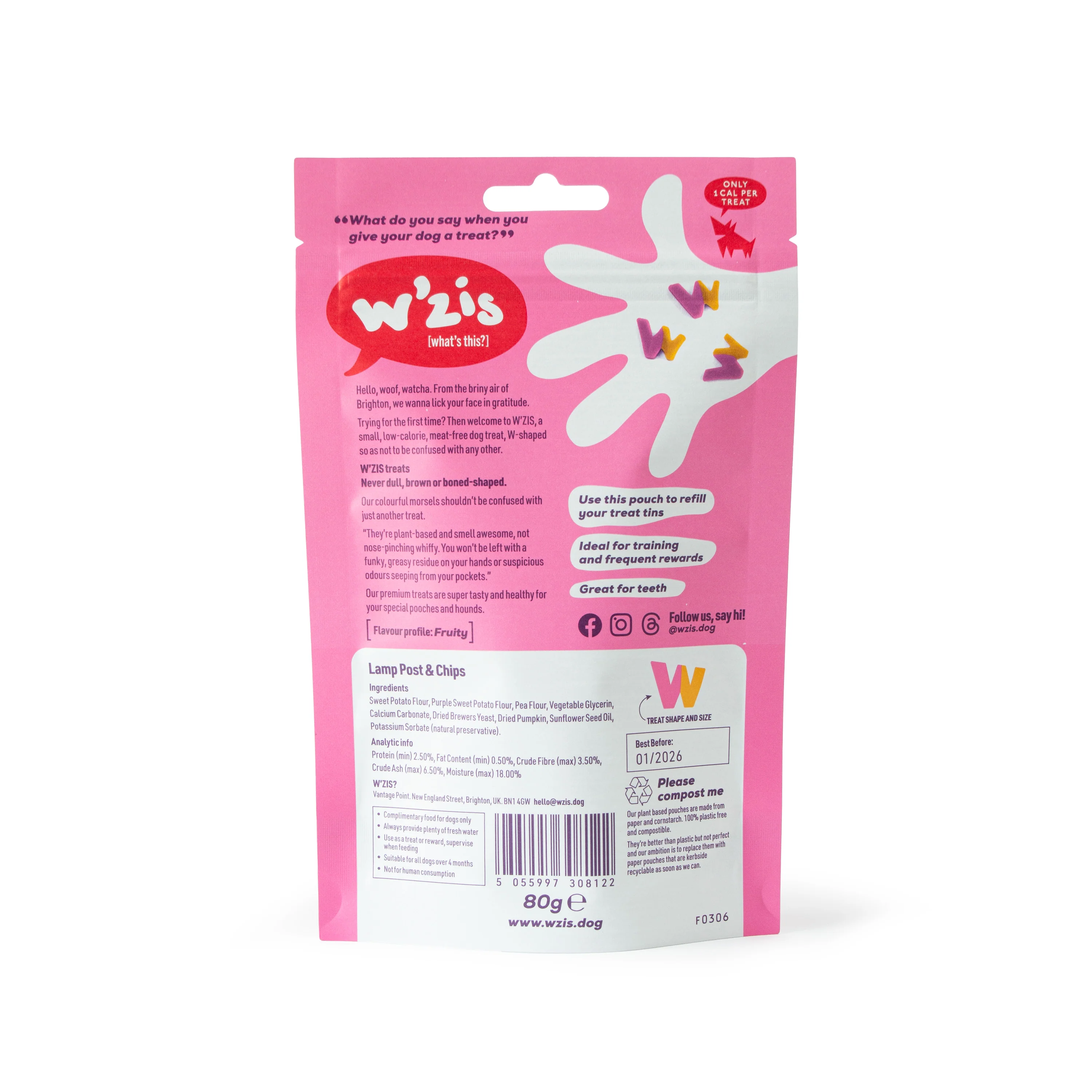 W'ZIS Lamp Post & Chips 1-Calorie Dog Treat Pouch - Fruity Flavour 80g - Image 2